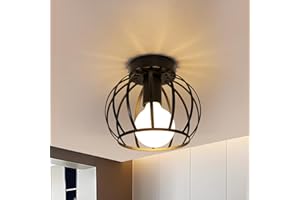 Lumiup Black Ceiling Light, E27 Industrial Vintage Semi Flush Mount Light Fixtures, Black Rustic Metal Cage Farmhouse Ceiling Lamp for Hallway, Stairway, Garage, Living Room, Kitchen, Bedroom