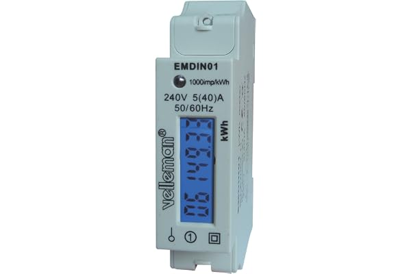 Velleman Compteur d'énergie monophasé, compteur électrique monophasé, delesteur electrique monophasé, compteur énergie, kWh, montage rail DIN, affichage LCD, LED, max. 40 A
