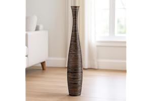 LEEWADEE Lewadee Duży wazon podłogowy do dekoracji wnętrz - drewniany wysoki stojak na kwiaty do dekoracji domu na sztuczną roślinę i trawę pampasową, 65 cm, Brązowy