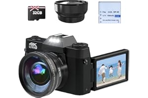 CCN Cámara Digital 4K 48MP Cámara de Fotos, con 180 ° Flip 3.0 "de Pantalla, 16X Zoom Digital Cámara compacta, con Lente Gran Angular y Lente Macro, 64GB Tarjeta TF, Modelo Wi-Fi, nueva versión, Negro