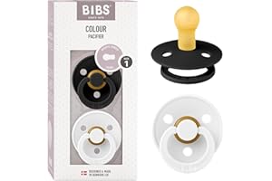 BIBS Colour Paquete de 2 chupetes. Libre de BPA, Tetina redonda. Látex natural, Talla 1 (0-6 meses), Black / White
