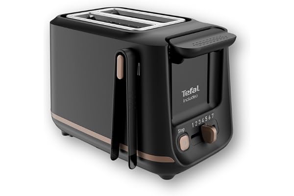 Tefal Grille-pain 2 fentes, Pinces Magnétiques, 7 niveaux de dorage, Tiroir ramasse-miettes amovible, Grandes commandes, Fonction surélévation, Includeo, Noire, TT533811