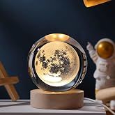 Coverzone Glass Globe with Wooden Stand Illuminated Eye-Tiring Moon Motif Desktop Lighting Night Light Decorative Children's Room Living Room