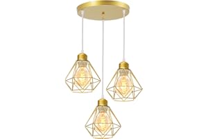 TOKIUS 3 Lampes Suspensions Luminaire Industrielles, Plafonnier E27 Vintage Lustre Doré Salon Lampe Plafond Métal forme Cage Ø160mm éclairage de Plafond Interieur (3 lampes-base)