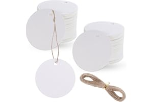 Larrel Lot de 100 étiquettes cadeaux rondes blanches de 5 cm avec corde de chanvre de 20 m de corde de chanvre, étiquettes cadeaux, étiquettes pour étiquetage pour fête, artisanat, mariage, Noël