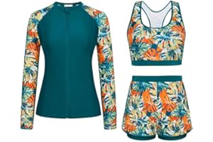 JASAMBAC 3-Piece Rash Guard Swimsuits for Women UPF 50+ Bikini Top & High Waist Boyshorts Zipper Modest Swimwear Ladies Swimming Costumes Bathing Suit Soft Surf Suit