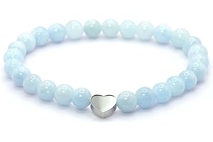LAKADA Bracelet en aigue-marine véritable pierre précieuse avec perles rondes de 6mm et cœur en acier inoxydable - différentes longueurs - bracelet en pierres précieuses porte-bonheur talisman cadeau