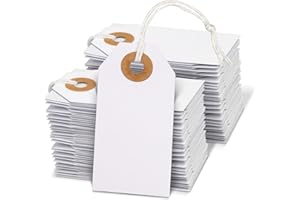 Hanqing Price Tags with String, 100 Pcs Hang Card with Reinforced Hole, Blank Paper Display Tags for Luggage, Clothing, Gifts, Jewelry (White)