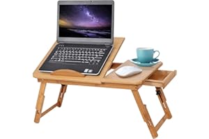 EJOYOUS Tavolino PC Letto Regolabile con Altezza e Cassetto, Tavolo per Laptop in Bambù Pieghevole con Supporto di Raffreddamento 50x30x20cm