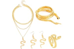 Reaky Ormsmycken Set Guld Lager Snake Halsband Örhängen Justerbara Ormringar Medusa Snake Kostym Hollween Smycken för Kvinnor (4-pack)