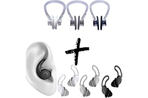 PAGAMADU Pack 3u Tapones Oídos Natación y 3u Clip de Nariz para Adulto, 3 Pares de Tapones Oídos Silicona y 3 Pinzas de Nariz para Natación, Tapones de natación para piscina, surfear etc. Blanco, gris, negro
