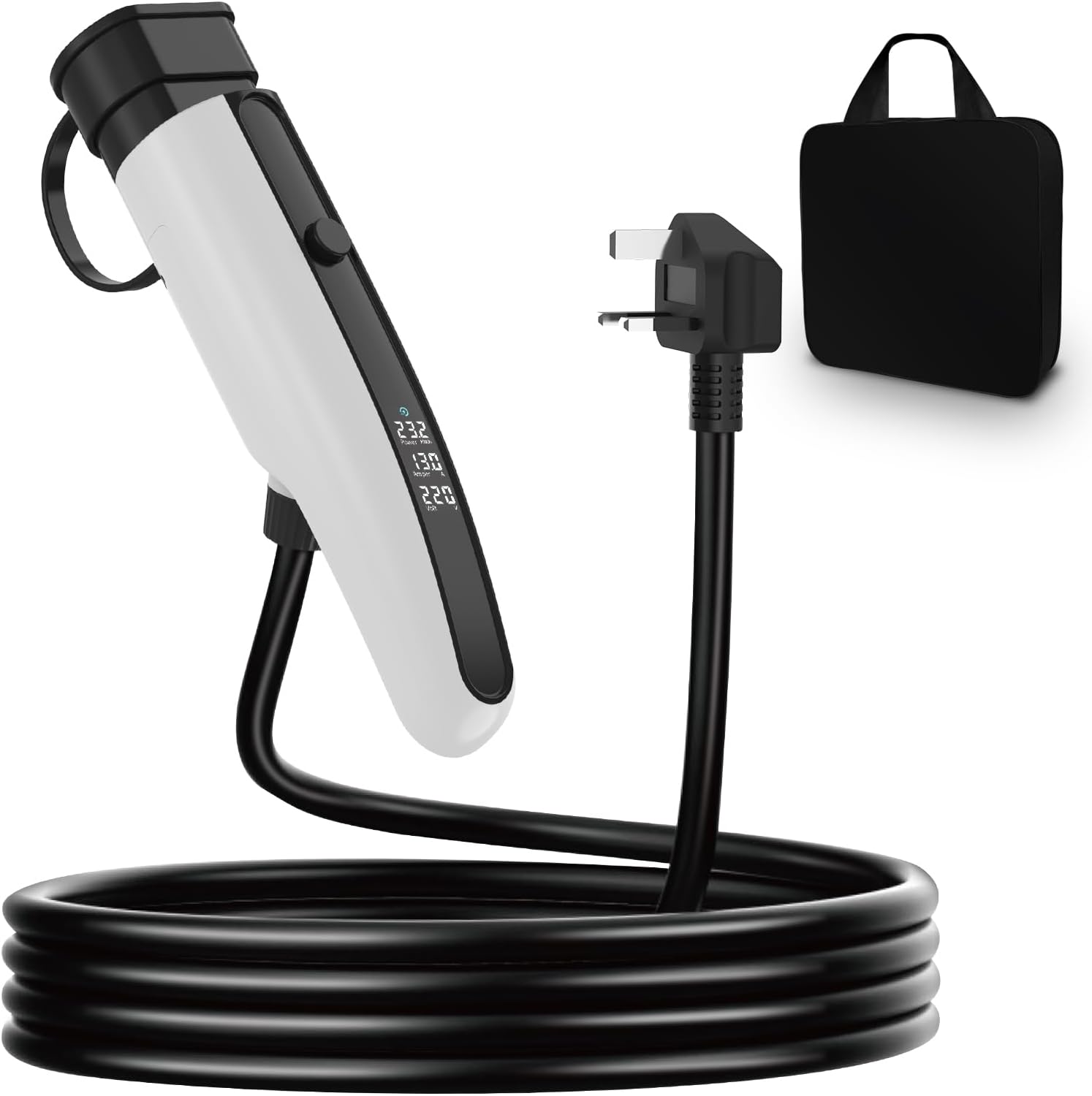 EV Charger Type 2 to 3 Pin Plug, Portable EV Charging Cable, 3kW [8/10/13A] Electric Car Charger for EVs and PHEVs with Storage Bag(White 7.5M)
