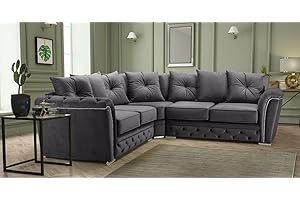 HHI Dark Grey Plush Fabric Corner Sofa For Sale-Sofa Set -large Cheap Corner Sofa-Garden settee - Chesterfield suite Living Rooms Furniture