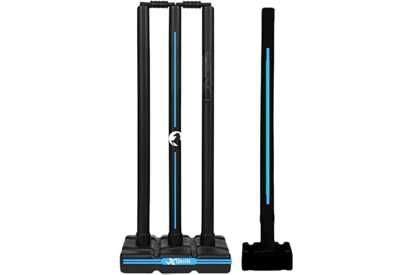 Xylofit Premium Plastic Stumps Set for All Age Groups Ideal for Boys, Girls, and Adults Heavy,Durable and Fun Cricket Wicket Set Black with Blue Lines 4 Stumps + 2 Bails + 2 Stands