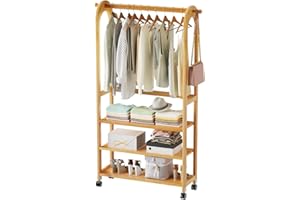 Yumyolk Perchero Burro Ropa, Perchero con Ruedas, Perchero de Pie Madera, Burro Ropa Madera, Perchero Madera, 70x28x172 cm, Perchero Sobre Ruedas de Bambú, Color de Madera