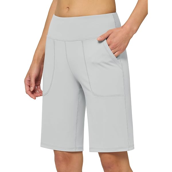 baleaf Bermuda long pour femme de 25,4 cm, longueur au-dessus du genou avec 3 poches pour la marche, l'athlétisme, l'entraînement, le yoga, la course à pied, kaki clair, taille S