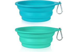 SLSON Juego de 2 cuencos de viaje integrados y plegables para perros y gatos de 600 ml (azul claro y verde claro)