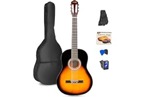 MAX SoloArt Guitarra clasica con cuerdas de nailon para Principiantes Adultos - guitarra flamenca con Funda, Afinador, Púa, Correa y Accesorios. Guitarra Española 4/4 en color Sunburst