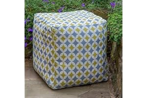 Izabela Peters Designer Waterproof Moroccan Garden Outdoor Cube Pouffe - Grey & Mustard Bahia, Marrakech Collection - Designed, Printed & Handmade in the UK