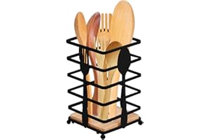 Mecmbj soporte utensilios cocina, porta utensilios cocina cuadrado con orificios de drenaje, rejilla para utensilios cocina de acero inoxidable con base de madera para cucharas y cubiertos (Negro B)