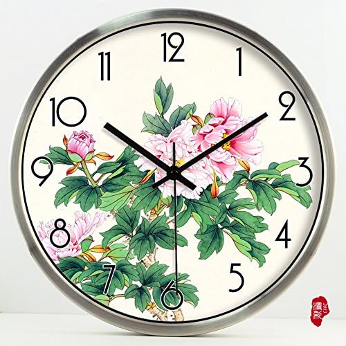 Pingofm Art clocks rich and colorful peony brushwork art wall clock Chinese hotel decoration bell quartz bell quiet tone hanging table 149 wall clock,8 inch, silver metal frame