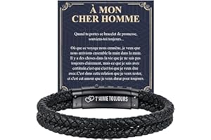 Gamtic Bracelet Homme Cuir Cadeaux Hommes - Noir Réglable Fermeture en Acier Inoxydable Bracelet Personnalisé Bijoux Cadeau pour Papa Fils Mari Ami Frère Oncle