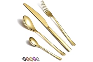 HOMQUEN Juego de cubiertos de oro de 24 piezas, juegode cubiertos de orode acero inoxidable, juego de cubiertos de oro chapado en titanio, juego de utensilios de servicio para 6 (dorado brillante)
