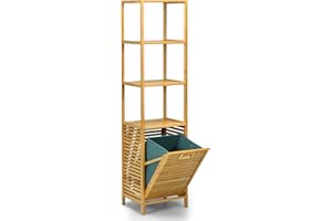 GOPLUS Mueble de columna de baño de bambú con 3 estantes y cesta de lavandería basculante, mueble de almacenamiento para cuarto de baño, 40 x 33 x 160 cm, natural