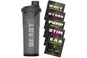 Beast Pharm Beast | Protein Shaker Bottle Sports Supplements Samples | 5 Sachets + 1000ml Shaker Gym Gift Set | Stim, Pump, Whey, Hydro and EAA