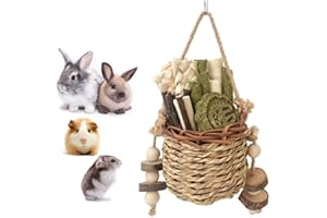 CAMITER Juguete masticable para mascotas pequeñas, jaula de conejo, juguete colgante con bola de hierba, juguete de zanahoria para conejos, chinchillas, cobayas, hámster, rechinar los dientes