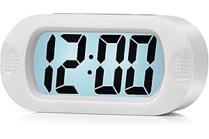 Plumeet Digital Alarm Clock Travel Clock with Snooze and Nightlight - Easy to Set Simple Bedside Alarm Clocks for Kids - Ascending Sound - Battery Powered (White)