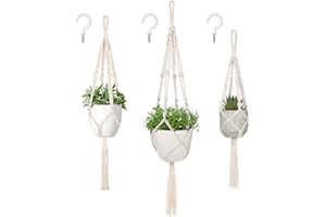 Mkouo Macrame Plant Hangers, 3 Different Sizes Indoor Hanging Planters Basket Decorative Flower Pots Holder Stand Boho Home Decor, Ivory