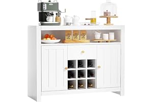 VOWNER Credenza, Credenza per Cucina, Mobile da Cucina, Mobile Buffet, 1 Portavini e Vani Aperti, Armadietto in Legno, per Soggiorno, Stile Country, 35.5 x 100 x 80 cm, Bianco, Multiuso