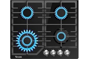 TOPWISH placa de gas 60cm, cocina de gas 4 fuegos, cocina empotrada con soportes de hierro fundido, NG/LPG convertible, válvulas de seguridad, encendido eléctrico, 8000W