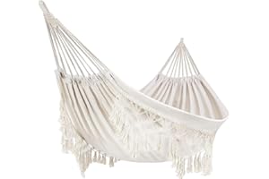 LILANYA Hamac de Jardin Hamac d'extérieur Camping Lit hamac en Coton Hamacs à Franges en macramé Balcon bohème à Pompons Fait à la Main hamacs Double 2 Personnes Domicile Arrière-Cour Plage Patio