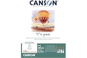 Canson "C à Grain A4 180g White Drawing & Sketching Paper Pad, 30 Sheets, Fine Grain Texture, Glued on Short Side, Ideal for Professional Artists
