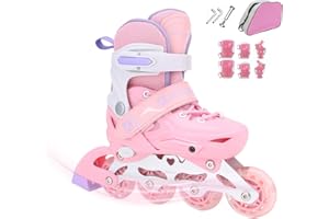 AYES Patines en línea ajustables para niños, ruedas iluminadas, patines en línea con rodilleras y coderas para niñas, niños, adolescentes y principiantes