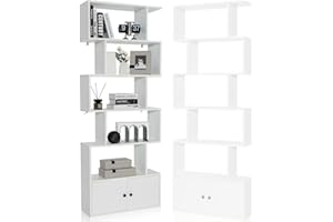 HOMASIS Libreria Scaffale a 5 Livelli, Libreria Verticale, Divisorio per Stanza, Armadietto con 2 Ante, Scaffale Salvaspazio e Multiuso per Soggiorno, Camera da Letto, 70 x 23 x 183 cm (Bianco)