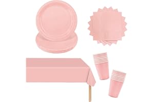 POPOYU Set di 53 stoviglie di carta rosa, set di stoviglie per feste di Natale, tovaglia rosa, rettangolari, piatti di carta, tovaglioli, bicchieri di carta per compleanni, matrimoni, decorazioni natalizie
