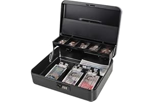 Parrency Locking Large Metal Cash Box with Money Tray, Money Box with Combination Lock, 11.8L x 9.5W x 3.5H Inches, Black