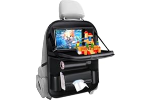 Mucek Car Seat Organiser With Tray, PU Leather Car Organiser Back Seat For Kids, Car Tray Table For Kids With Touch Screen Bag and Tissue Box for Family Trip