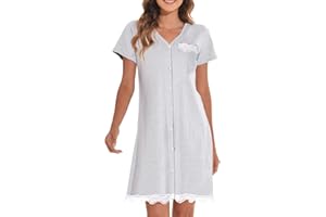 RITOSTA Camicia da Notte Donna Estiva Vestaglia Maniche Corte Vestito da Notte con Tasche Bottoni Pizzo Pigiama Caldo Morbido per Casa Premaman Allattamento