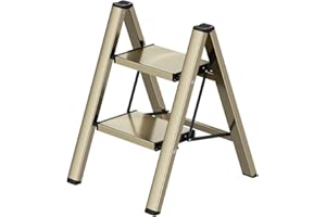 Ladnamy 2 Stufen Leiter Aluminium klappleiter Trittleiter 2 Stufen Klappbar Leicht Tritthocker mit breitem Anti-Rutsch Pedal, Maximale Tragfähigkeit 150KG (Champagner Gold)