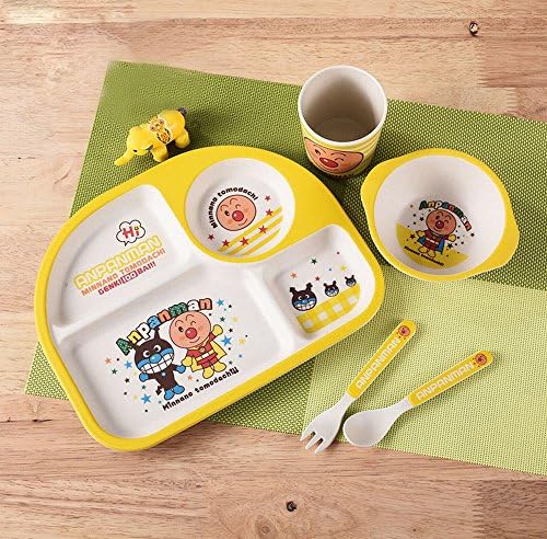 FJM Bamboo Fiber Tableware Set Shatter-Resistant Baby Cartoon Rice Bowl Fork Spoons Child Eating Baby Grid Plate,Yellow