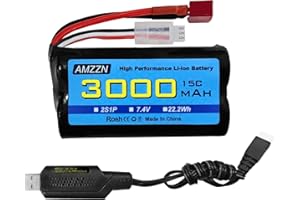 AMZZN 7.4V 3000mAh 15C 2S T-plug Li-ion Battery With USB Charging Cable For WLtoys 12423 MJX 14301 14303 14302 H16PL High-Speed RC Cars 1/10,1/12,1/16 Ratio RC Trucks,RC Ship Backup Battery