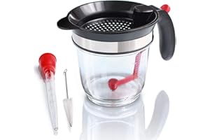 Amazy Caraffa Separa Grasso incl. SIRINGA + Spazzola Pulizia– Caraffa per Brodo separa Il Grasso Alimentare con Filtro Integrato e Scala di misurazione (1 Litro)