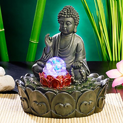 infactory Beleuchteter Zimmerbrunnen „Lotus-Buddha“ mit Glaskugel - 2
