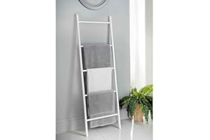 Homme Concept White Wooden Towel Ladder – 5 Rung Freestanding Clothes Airer, Decorative Bathroom & Bedroom Storage Rack for Towels, Clothes & Blankets
