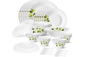 Larah by Borosil Green Leaves Silk Series Opalware Dinner Set | 35 Pieces for Family of 6 | Microwave & Dishwasher Safe | Bon