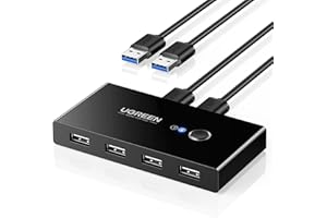 UGREEN 4 Ports USB 2.0 Switch for 2 PCs, 2 in 4 Out USB Switch for Mouse, Keyboard, Scanner, Printer, Stick, Hard Drive Compatible with Windows, Mac OS 8.6 and above, 2 USB 2.0 Cables